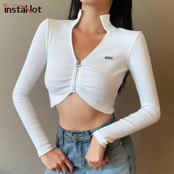 InstaHot v-veida kakla t krekls sieviešu rudens garām piedurknēm krūtīm rāvējslēdzēju ciets balts izdilis kultūraugu top gadījuma stretchy aprīkots tshirt top 2020