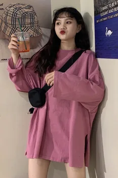 Topi mujer 2019 rudens svešinieks lietas gothic vintage harajuku korejas tīrtoņa krāsu garām piedurknēm gadījuma lielgabarīta draugiem t krekls