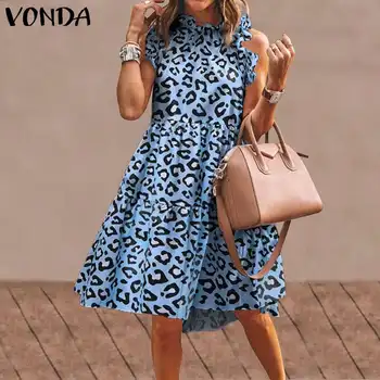 Sieviešu Leopard Print Kleita Bohēmijas Puse Kleitas Mežģīņu Sundress Beach Brīvdienu Vestidos ir 2021. VONDA Plus Lieluma Drēbes Femme