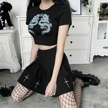 Seksīga Melnā T-krekli, Sieviešu 2021 Streetwear Gothic Pūķis Drukāt Bodycon Topi Harajuku Gadījuma Sieviešu Vasaras T Krekli
