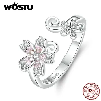 WOSTU Nekustamā 925 Sterling Sudraba Sakura Ziedu Gredzens Sievietēm Rozā Zircon Atvērt Izmēra Gredzeni Kāzu Iesaistīšanās ewelry DAR086