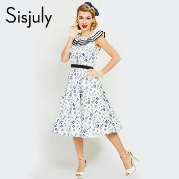 Sisjuly Sieviešu Kleita Vintage Līnijas, 1950 Ruffles Vasaras Sieviete bez Piedurknēm Drukāt Elegants Modes Retro Īss Puse Kleita Meitene