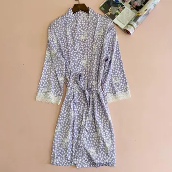 Sieviešu Satīna Drēbes Sexy Mežģīņu Apdari Kimono Kleita Iespiesti Sleepwear Zīdaini Gadījuma Naktskrekli Sieviešu Mīksts Peldmētelis Kleita Mājas Drēbes