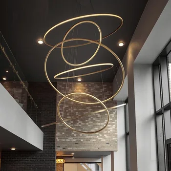 150cm Zelta luksusa ēdamistaba lampas duplex villa kāpnes liela lustra, riņķa formas augsta dzīvojamā istaba lampas