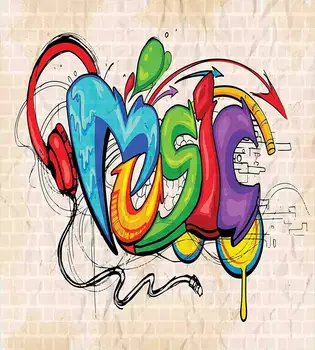 Mūzikas Sega sedz Uzstādīt Ilustrācijas Grafiti Stila Uzrakstu Austiņas Hip Hop Tēma par Bēšs Ķieģeļi, Dekoratīvais 3 Gabals Gulta