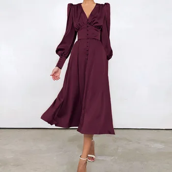 Rudens Ar Garām Piedurknēm Kleita Sievietēm Tīru Krāsu Pogu Modes Gadījuma Puse Balli Slim Vakarā Maxi Kleitas Sievietēm Ir 2021. Elegants