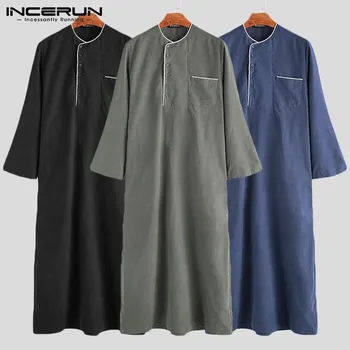 INCERUN tīrtoņa Krāsu Musulmaņu Apģērbu Vīriešiem arābu Islāma Kaftan Vintage garām Piedurknēm O Kakla Zaudēt Vīriešiem Jubba Thobe Drēbes S-5XL 2021
