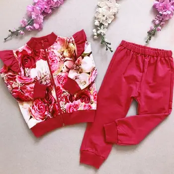 2019 Modes Baby Girl Ziedu Apģērbu komplekts, kas Peld ar piedurknēm Savirmot rāvējslēdzēju mētelis Top Rudens Bikses ar garām piedurknēm silts Apģērbs 3 krāsas