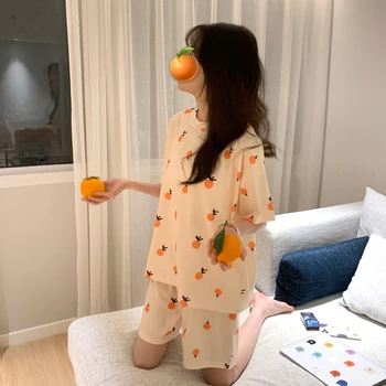 Gudrs Apelsīnu Augļu Drukāt Vasaras Pidžamas Komplekts Sievietēm, Meitenēm ar garām Piedurknēm Zaudēt Gadījuma Sleepwear T-Krekli un Bikses, Pjs Homewear