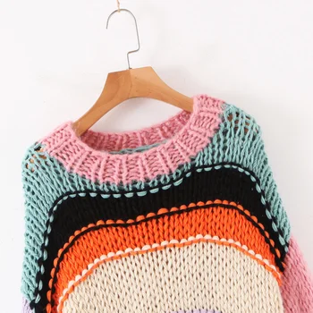 Salds Varavīksnes svītrains Džemperis Sieviešu Modes O-veida Kakla Vaļēju Apkakli Cute Meitenes Kontrasta Krāsas Šiks Džemperi