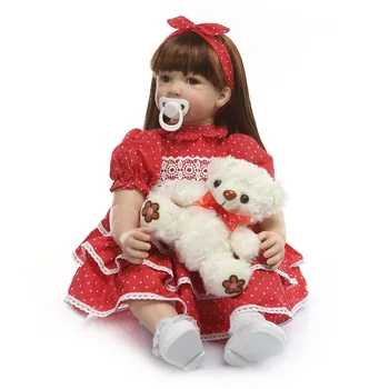 NPK 24 Collu Atdzimis Lelle 60cm Audums Ķermeņa Reāli Princese Meitene Baby Lelle ar bear Pārdošanai, Etniskā Lelle Mazulis Dzimšanas dienu Xmas Dāvanas