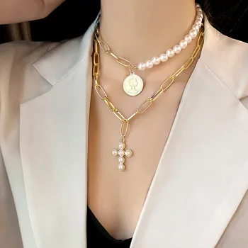 Imitētu Pērle sānslīdi kaklasaite Kaklarotas Sievietēm 2020. Gadam, Modes Krusta Monētas Paziņojumu, Kaklarotas & Zelta Kuloni Collier Femme Rotaslietas