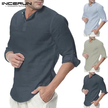 INCERUN Vīriešu Krekls ar garām Piedurknēm Kokvilnas Slim Fit Cietā Gadījuma Vīrieši, Blūze Pamata Krekls Ir 2021. Streetwear Vīriešu Džemperi Camisa S-5XL