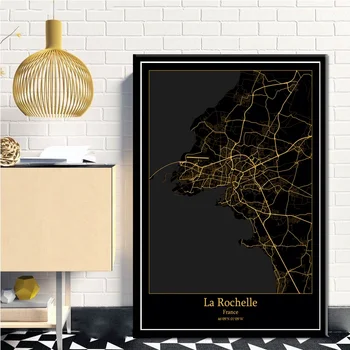 La Rochelle, Francija Black&Gold Pilsētas Gaismas Custom Maps Pasaules Pilsētas Karte, Plakātus, Kanvas Izdrukas, Ziemeļvalstīm Sienas Mākslas Mājas Dekoru