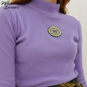Gadījuma Modes Garām Piedurknēm Augstu Uzrullētu Apkakli Violets Krekls Rudens Y2k Augšu Elegants Adīt Sporta Krekli Elegants Sieviešu Džemperis Stretchy