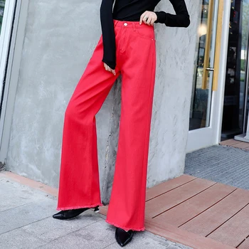 Kokvilnas džinsi sieviešu augsto vidukli, taisniem bikses rudens jaunas sarkanās plaša kāju bikses džinsi sieviete boyfriend jeans sieviešu Bikses
