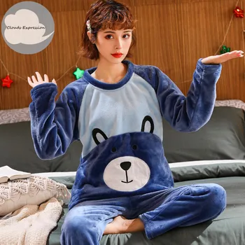Ziemas Long Piedurknēm Siltas Flaneļa Pidžamas Sieviešu Pidžamas Komplekti Drukāt Sabiezēt Sleepwear Pidžamas Plus Lieluma Pidžamas Komplekti M-5XL Naktsveļu