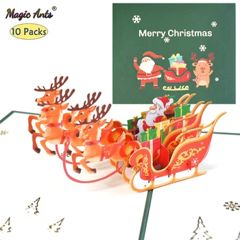 10 Pack Pop-up Karti 3D priecīgas Brīvdienas Apsveikuma Kartītes Jauno Gadu un Priecīgus Xmas Ziemeļbriežu kamanas Pastkarti Vairumtirdzniecības Piegādātājs