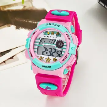 TOP pārdošanas 2016 OHSEN zīmolu digitālā kvarca Rokas pulksteni bērniem, meitenēm, 50M ūdensizturīgs rozā silikona siksniņa LCD atpakaļ gaismas modinātājs