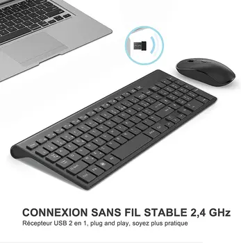 Franču izkārtojums bezvadu tastatūras un peles apvienojums.USB2.4G.Uzlādējams AZERTY tastatūra, ergonomisks, piemērots PC/laptop/TV