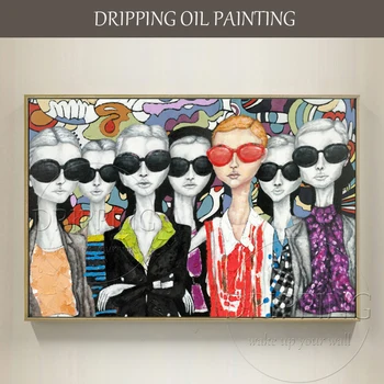 Jauns Dizains, Augsta Kvalitāte, Rokām apgleznotas Mūsdienu Dāma, Eļļas Glezna uz Audekla Smieklīgu Seju ar Brillēm, Eļļas Glezna uz Sienas Apdare