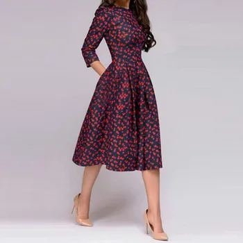 Franču Stilā Vintage Kleita Sievietēm Elegants Ziedu Iespiesti Slim Rudens-line Vestidos Classic Sievietes Puses Dressess