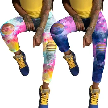 Modes Sievietes Ripped Džinsi Bikses Drukāt Tie Krāsošanas Caurums Izdilis Bikses ar Augstu Vidukli Džinsa Streetwear džinsi sieviete, Izmērs S-3XL