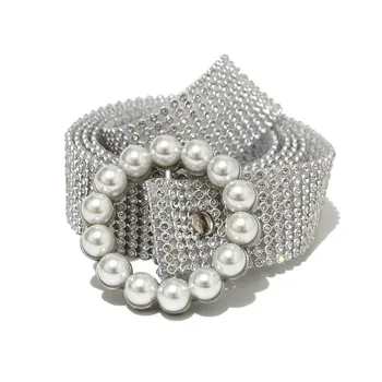Luksusa Sievietes Rhinestone Jostas Sieviešu Spilgti Plašu Bling Crystal Diamond Waist Garu Ķēdi Pērle Waistbelt Modes Dāma Piederumi