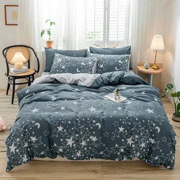 TUTUBIRD-Pelēka zvaigžņu un mēness drukāt gultas komplekts gultasveļa kokvilnas gultas veļa mīkstās karaliene, karalis, dvīņu mājas tekstila sega sedz,