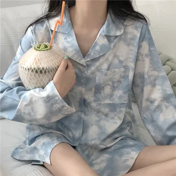 Sleepwear Sieviešu Uzvalks Rudens/pavasara/vasaras Debesis Zilas Kaklasaites krāsu Iespiests Pidžamu korejiešu Stilā 2020 