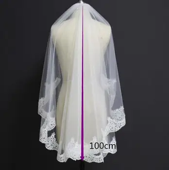 Jaunā, Īsā Mežģīņu Kāzu Plīvurs ar Ķemmi 1 Metrs Elegantu Līgavas Plīvurs Balts Ziloņkaula Viens Slānis Daļēju Mežģīņu Plīvuru
