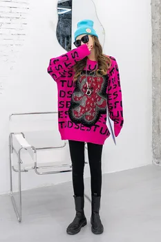 Ir 2021. Rudens Ziemas Jauno Sieviešu Džemperis Lācis Vēstuli Iespiesti свитер Ar Rhinestone Sieviešu Trikotāžas Džemperis Sieviešu Siltu Džemperi, Topi
