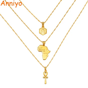 Anniyo 3PCS/A-Z Vēstules Āfrikas Karte Ankh Kulons Neckalces Alfabēta Zelta Krāsā Sākotnējo Rotaslietas Āfrikas Kultūras Ornamenti #243806