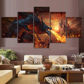 Moduļu Bildes Audekla Sienas Māksla 5 Panelis Fire Dragon World Of Warcraft Spēle Gleznas Iespiests Plakāts, Viesistaba, Mājas Apdare