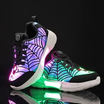 Bērniem LED optiskās šķiedras kurpes Spider web dizains sieviešu gaismas čības zēni un meitenes spilgtos apavi bērniem size27-46