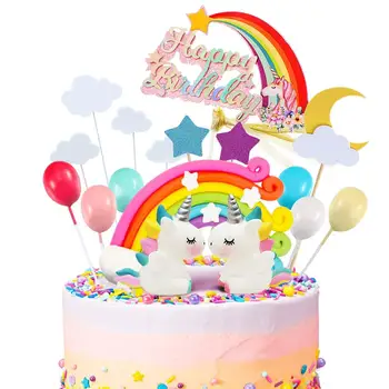Unicorn kūka rotājumi mākoņi, varavīksnes baloni daudz laimes dzimšanas dienā banner kūka rotājumi zēniem un meitenēm bērnu dzimšanas dienu gif