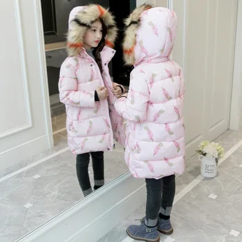 Jaunu Bērnu Ziemas Apģērbs Meitenēm Bieza Vilna, Kažokādas Kapuci Bērniem Uz Leju Jackct Drēbes Ilgi Kokvilnas Sieviešu Virsdrēbes Iespiesti Snowsuit