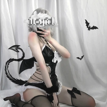 Seksīga Mežģīņu Bat Apakšveļa, Melna Pu Ādas Maz Dēmons Sieviešu Velns Cosplay Japāna Lolita Anime Spārniem Apģērbu Eņģeļa Kostīms
