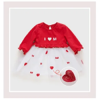 Vlinder Baby Girl Kleitas Bērnu meitene Drēbes Vasarā Dzimšanas dienas Kleitas Sarkanā garām piedurknēm Izšūt ziedu kleitu 9M~4T meiteņu drēbes