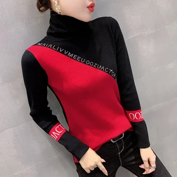 #6243 Savienoti Krāsu Pamata Sieviete, Džemperi, Džemperi Ar Garām Piedurknēm Korejas Modes Trikotāžas Džemperis Dimantu Augstu Uzrullētu Apkakli Džemperis Sievietēm
