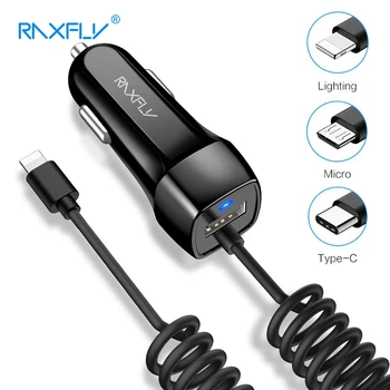 RAXFLY Mini USB Auto Lādētājs iPhone, Samsung S10 Redmi 7. Piezīme Mobilā Tālruņa Automašīnas Lādētāju Ar Micro USB C Tipa Apgaismojuma Kabelis