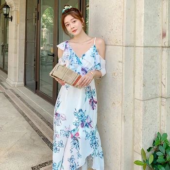Sieviešu Garās Šifona Ziedu Kleita Vasaras 2020. Gadam Skrejceļa Elegants Korejas Pasaku Puse Nakts Kleita Boho Tropu Pludmales Brīvdienas Kleitas