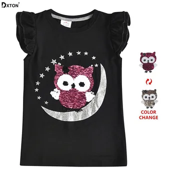 Dxton Meiteņu T-krekls Sequin t-veida Topi Vasaras t-krekls Meitenēm Pūce Modelis Bērnu Tees Dzīvnieku Izlīdzināšanu Piedurknēm Vasaras Meiteņu Tops 3-8Y