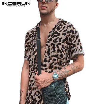 INCERUN 2021. gada Vasaras Leopards Drukāt Krekli Vīriešu Modes Īsās Piedurknes Atloks, Krekls Gadījuma Ziedu Blūze Vīriešiem Havaju Pludmales, Topi 5XL