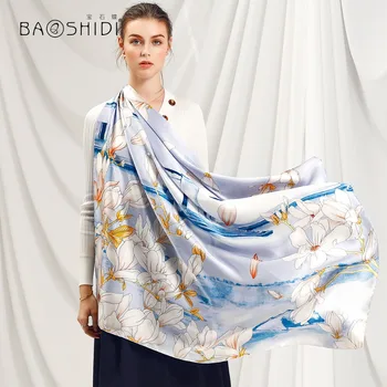 [BAOSHIDI] Zīda Satīna Šalle, 16m/m lielā laukumā šalle sievietēm,Luksusa zīmolu modes šalles