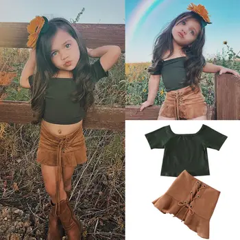 2019 Jaundzimušais Baby Girl Vasaras Apģērbs, Zīdainis, Mazulis īsām piedurknēm melnā Topi, T-Kreklu brūni Svārki 2GAB Kleita Apģērbs
