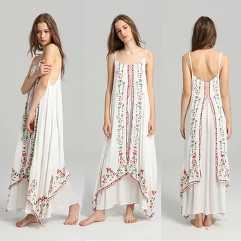 TEELYNN Maxi balts boho kleita Vintage ziedu izšūti bez piedurknēm siksniņa garas Vasaras kleitas pludmali, valkāt sieviešu kleita Vestido