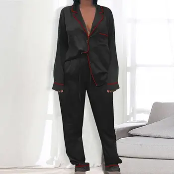 Sieviešu Pidžamas Komplekti Mākslīgās Zīda Satīna 2 Gabals Autum Femme Garām Piedurknēm Sleepwear Uzvalks Sieviešu Homewear Naktsveļu Pijamas Lounge Valkā