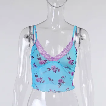 Y2K Ziedu Drukāt Mežģīnes Cami Top Sexy Milzīgais Acs Pārredzamu Spageti Siksnas Tops bez Piedurknēm Streetwear Sieviešu Apģērbu 2021