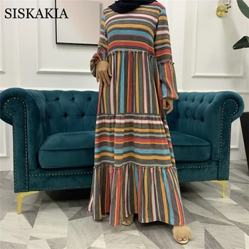 Siskakia Modes Krāsas Svītrām Atšķirīgās Maxi Kleita Sievietēm Rudenī 2020. Gadam Elegants O Apkakli, Garām Piedurknēm Gadījuma Musulmaņu Arābu Drēbes